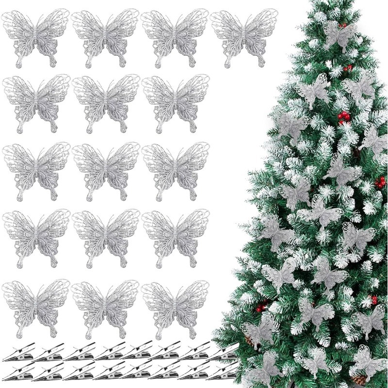 Christmas Wreath Fake - Farfalle Decorative in Argento Glitterato, Ornamenti